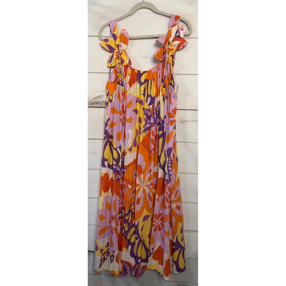 FARM Rio Butterfly Floral Print‎ Maxi Dress Tie Shoulder Beaded Size S Boho Chic